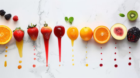 A stunning display of fresh fruits arranged artistically on a marble surface, with vibrant juices dripping down. This image showcases the beauty of nature bounty, emphasizing health and deliciousness. Perfect for food bloggers and recipe creators.の素材