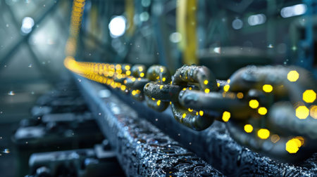 A detailed close-up of industrial chains glistening with sparkling lights on a wet surface, creating a captivating and dynamic visual in a dark setting.の素材
