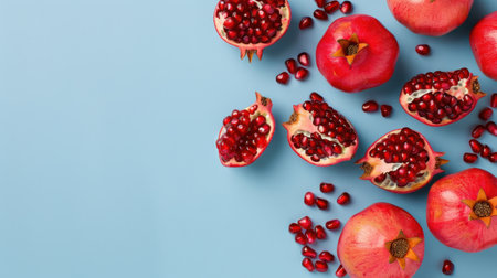 This image showcases fresh pomegranates scattered over a soft blue background, highlighting their vivid red color and juicy seeds. Perfect for food-related content.の素材