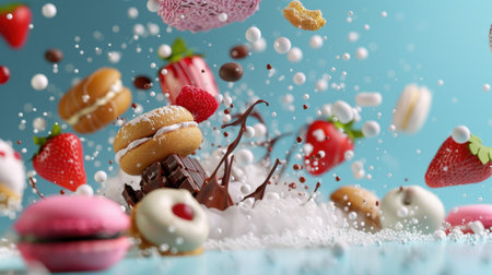 A vibrant explosion of color featuring an array of sweets including macarons, strawberries, and chocolate, set against a whimsical backdrop.の素材