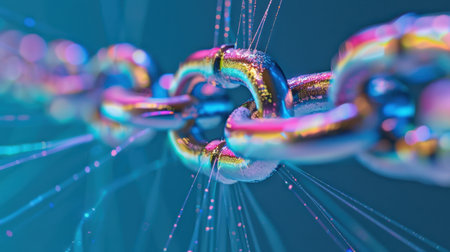 A detailed close-up of a metallic chain link illuminated by vibrant colors, showcasing reflections and a soft blue background, perfect for technology themes.の素材