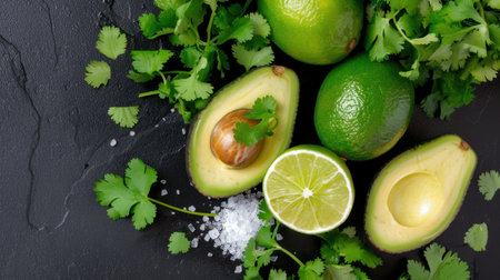 A visually appealing composition featuring fresh avocados, halved limes, and cilantro on a sleek black slate background. Ideal for culinary projects!の素材
