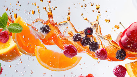 A vibrant splash captures the essence of fresh fruits including oranges, raspberries, and mint leaves, showcasing a refreshing liquid experience.の素材