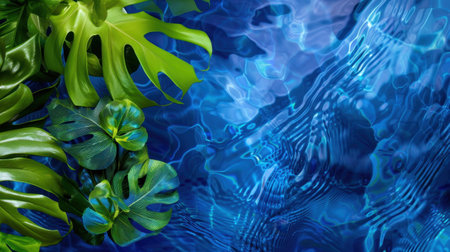 A stunning composition of lush green leaves against a vibrant blue water surface, showcasing beautiful reflections and ripples, perfect for nature-themed projects.の素材