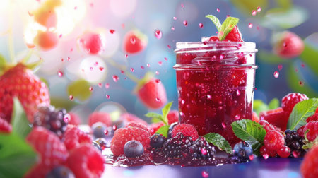 A vibrant image of freshly made berry jam in a jar, surrounded by raspberries, blueberries, and blackberries, evokes the essence of summer.の素材