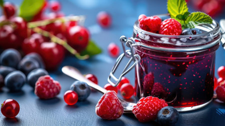 A vibrant glass jar filled with homemade berry jam, surrounded by an array of fresh raspberries, blueberries, and redberries. Perfect for showcasing seasonal flavors.の素材