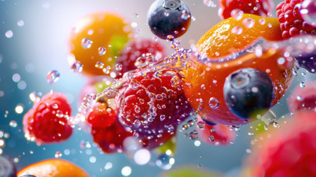 A stunning image capturing a vibrant mix of fresh berries and citrus fruits splashing in clear water, showcasing the freshness and vitality of natural ingredients.の素材