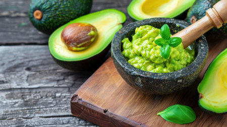 A vibrant display of fresh guacamole in a traditional stone bowl is paired with ripe avocados. This wholesome preparation highlights healthy eating with green herbs.の素材