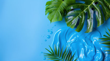 This captivating image features a vibrant blue background adorned with tropical leaves and a fluid texture, creating a serene atmosphere perfect for wellness and beauty themes.の素材