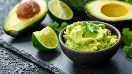 This vibrant image features freshly made guacamole in a bowl, accompanied by lime halves and ripe avocados on a dark surface, perfect for culinary inspiration.の素材