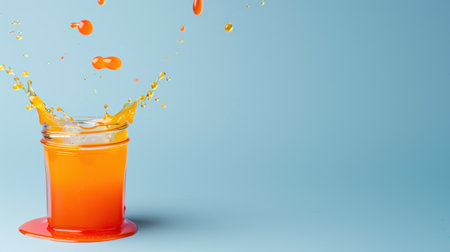 A striking image capturing a splash of fresh orange juice from a glass, creating a dynamic scene of vibrant colors against a soft blue background. Perfect for showcasing refreshing beverages.の素材
