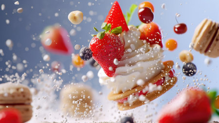 A vibrant display of a dessert explosion featuring fresh strawberries, whipped cream, and colorful macarons soaring in midair, ideal for celebration themes.の素材