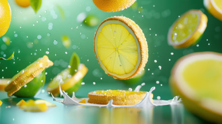 A stunning display of fresh citrus fruits, featuring floating lemon and lime slices amidst splashes of water, creating a vibrant summertime atmosphere.の素材