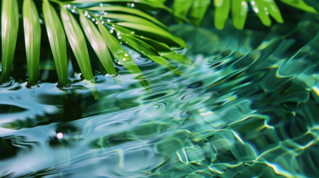 Experience the serene beauty of a tranquil water surface adorned with lush green palm leaves, gently rippling under dappled sunlight reflections.の素材