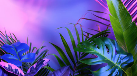 This vibrant image showcases lush tropical leaves against a vivid pink and purple background, perfect for summer themes or nature-inspired designs.の素材