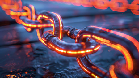 A mesmerizing close-up view of glowing chain links in vibrant orange tones against a glossy water background, perfect for technology and security themes.の素材