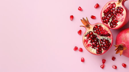 This image showcases fresh pomegranate halves filled with vibrant red seeds against a soft pink background, symbolizing health and vitality. Perfect for food blogs.の素材