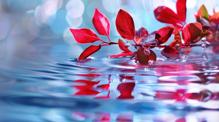 A close-up image featuring vibrant red leaves delicately floating on a serene water surface, enhanced by mesmerizing bokeh reflections and soft light.の素材