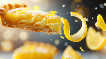 A vibrant and delicious lemon tart is depicted with a creamy filling and flying citrus zest, showcasing the freshness and flavor in a stunning visual display.の素材