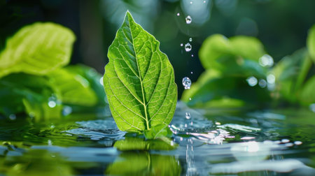 This striking close-up image showcases a vivid green leaf positioned on a serene water surface, accented with glistening droplets. Ideal for representing nature.の素材
