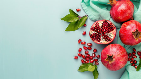 This image showcases fresh pomegranates on a light blue background with a turquoise cloth, displaying their vibrant seeds and green leaves. Perfect for food themes.の素材