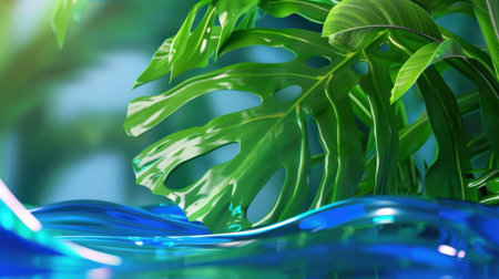 This image features vibrant tropical leaves cascading over a serene blue water surface, evoking a lush and calming natural environment ideal for various projects.の素材