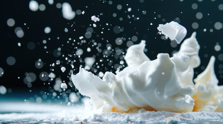 This captivating image showcases a dynamic burst of whipped cream and powdered sugar, creating a dramatic effect against a dark backdrop. Perfect for culinary inspiration!の素材