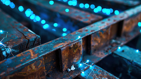 This image features a close-up of rusty metal beams adorned with blue fairy lights, creating a captivating blend of decay and vibrant illumination.の素材