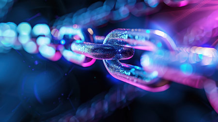 This stunning close-up image features shiny metallic chain links illuminated by vibrant colors. The abstract design highlights technology and connection themes.の素材