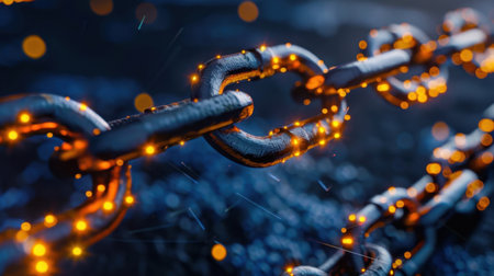 This close-up image captures a metallic chain adorned with glowing sparks, emphasizing themes of strength and unity against a dark backdrop.の素材