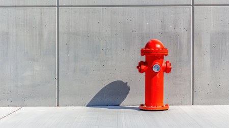 A bright red fire hydrant stands against a textured concrete wall in an urban setting, symbolizing safety and public service, providing essential water access.の素材