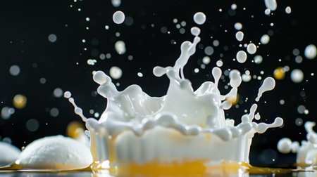 This stunning image captures the dynamic splash of milk and egg yolk, highlighting the beauty of liquid motion against a dark and contrasting background.の素材