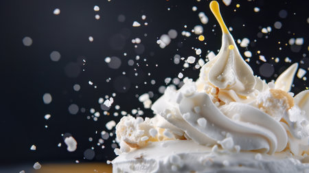 A stunning close-up of a whipped cream topping with splashes on a dark background, perfect for showcasing desserts in food photography. The vibrant details capture the essence of sweet indulgence and culinary creativity.の素材