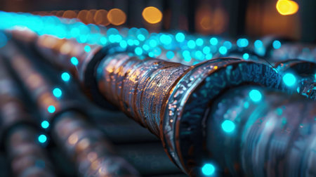 This close-up image captures metallic pipes enhanced with blue LED lights, creating a striking visual effect in an urban nighttime setting.の素材