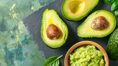 Fresh avocado halves are displayed next to a bowl of creamy guacamole garnished with green herbs. A natural, vibrant food scene perfect for healthy recipes.の素材