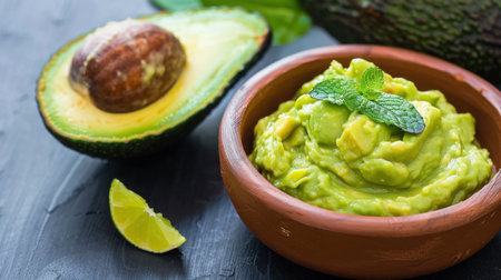 This vibrant image showcases a bowl of freshly made guacamole with ripe avocado, lime, and mint. Perfect for culinary inspiration and healthy eating.の素材