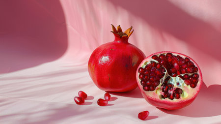 This still life photograph features a vibrant pomegranate fruit, showcasing its juicy seeds and rich color against a soft pink backdrop, ideal for culinary or health-themed projects.の素材