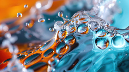 Captivating close-up of vivid water splash revealing intricate droplets and bubbles, creating a dynamic and abstract visual effect with vibrant colors.の素材
