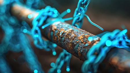 A captivating close-up image showcasing a rusty metal pipe wrapped in a glowing blue chain, emphasizing texture and color contrast in an abstract industrial atmosphere.の素材