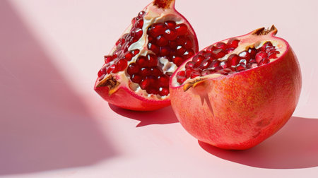 This vibrant image features fresh pomegranate halves, showcasing juicy red seeds against a soft pink background. Perfect for health and wellness themes.の素材