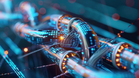 This image showcases an abstract digital concept featuring glowing cables and vibrant data streams in a futuristic environment. Perfect for technology themes.の素材