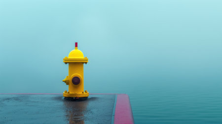 A bright yellow fire hydrant stands alone on a damp surface, surrounded by fog and calm waters, creating a serene and atmospheric landscape.の素材