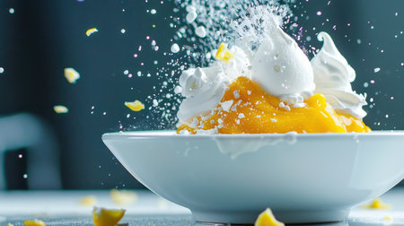 A captivating dessert featuring smooth mango puree topped with fluffy whipped cream. The lively splashes of cream add an artistic touch and invite indulgence.の素材