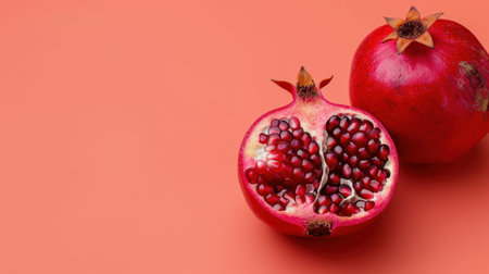 This image showcases a vibrant pomegranate cut in half, revealing its juicy red seeds, alongside a whole fruit on a coral background, symbolizing freshness.の素材