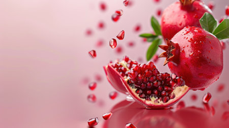 This stunning image captures fresh pomegranate fruit with juicy seeds and water droplets, beautifully displayed on a vibrant pink background, evoking freshness.の素材