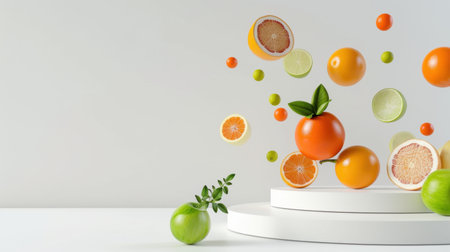 This vibrant image showcases an assortment of fresh fruits floating against a bright background. The creative arrangement emphasizes the colors and textures, conveying a message of health and vitality. Perfect for lifestyle and nutrition themes.の素材