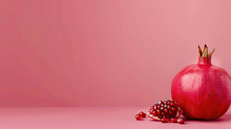 A vivid pomegranate rests on a soft pink background, accompanied by a sliced section displaying its juicy seeds, offering a fresh and vibrant look.の素材