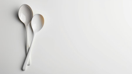 Capture the beauty of simplicity with two elegant white spoons placed on a soft light background, perfect for culinary photography and kitchen designs.の素材