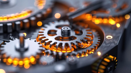 A stunning close-up image showcasing intricate mechanical gears in a watch mechanism, illuminated by warm glowing light, emphasizing precision and craftsmanship.の素材