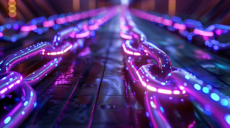 This captivating image features neon-lit chains stretching along a glossy, futuristic pathway. The vibrant lights create a mesmerizing reflection, enhancing the modern aesthetic.の素材